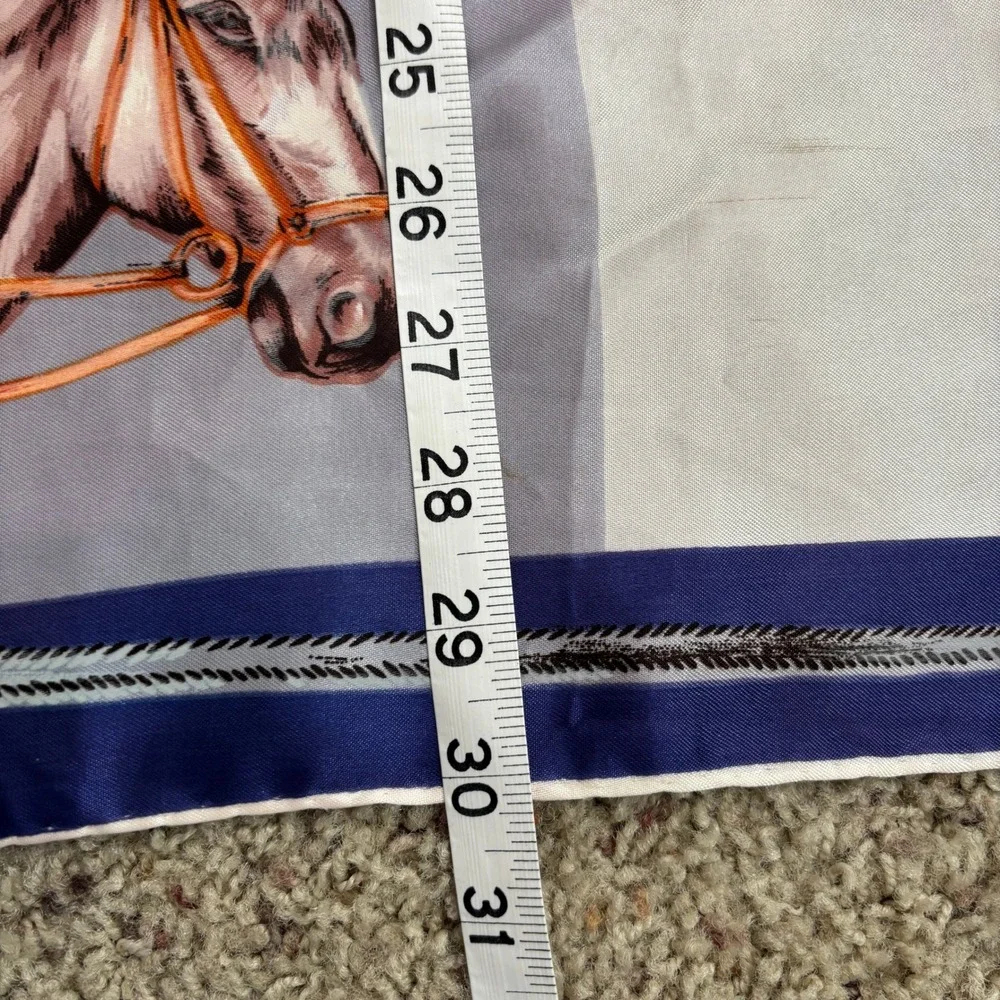 Vintage Horse Scarf Blue‎ White Plaid Equestrian Satin Square Neck Scarf Art SEE